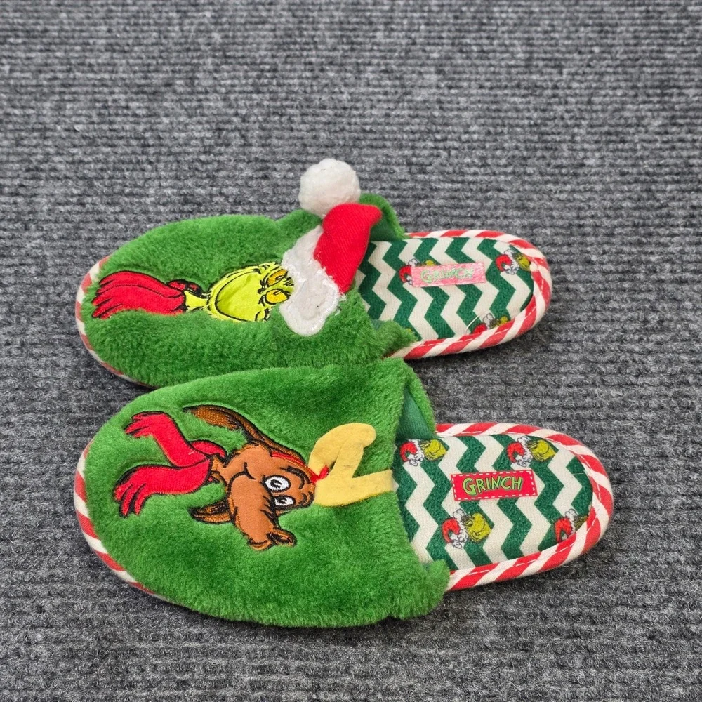 Dr Seuss The Grinch Faux Fur Slippers Youth Size 13-1 Green Max Dog Holiday